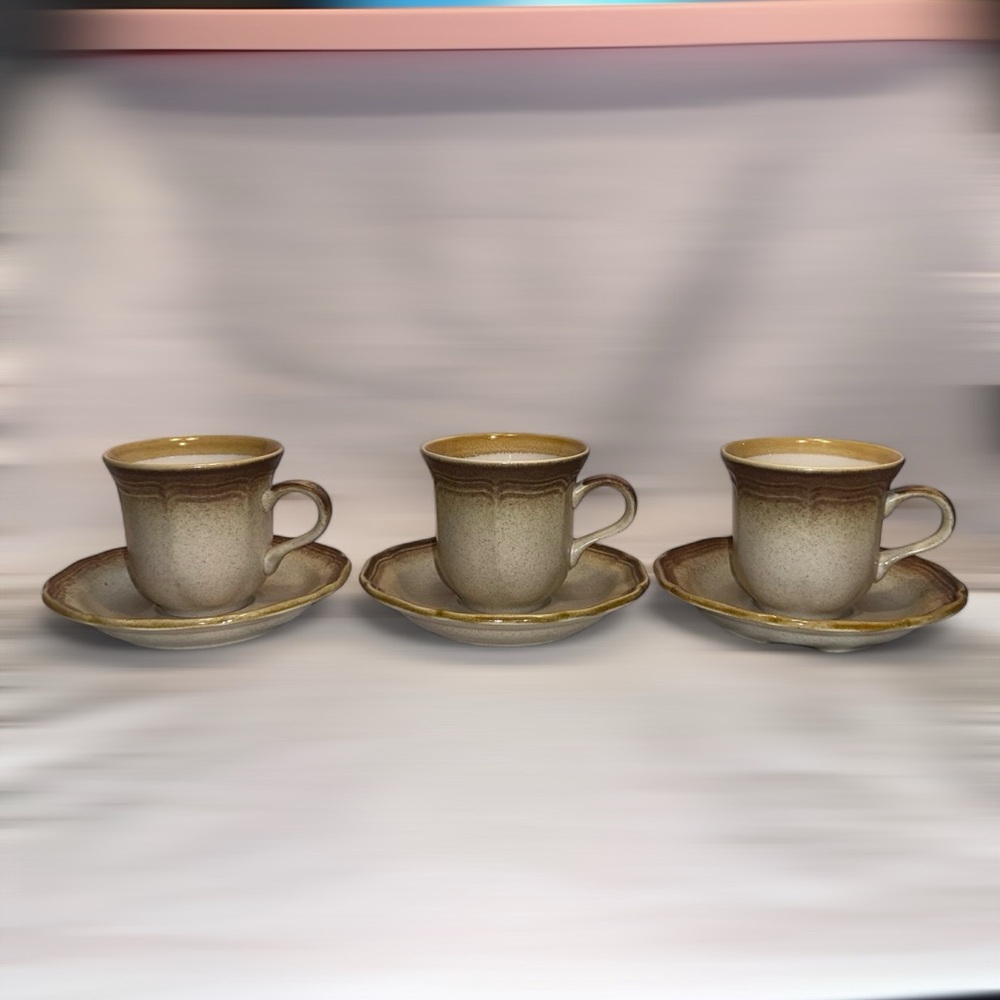MIKASA Whole Wheat Stoneware Cups & Saucers Set of 3 1970’s Vintage Retro
